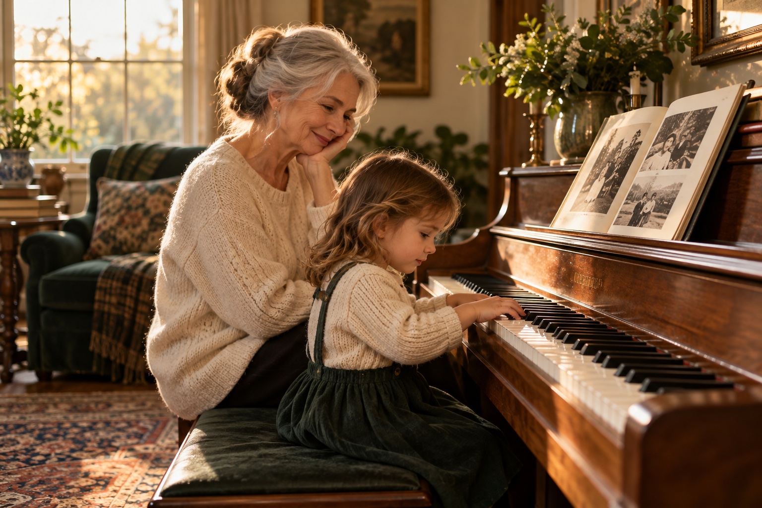 Illustrative scene of a grandmother and grandchild sharing a moment at a piano